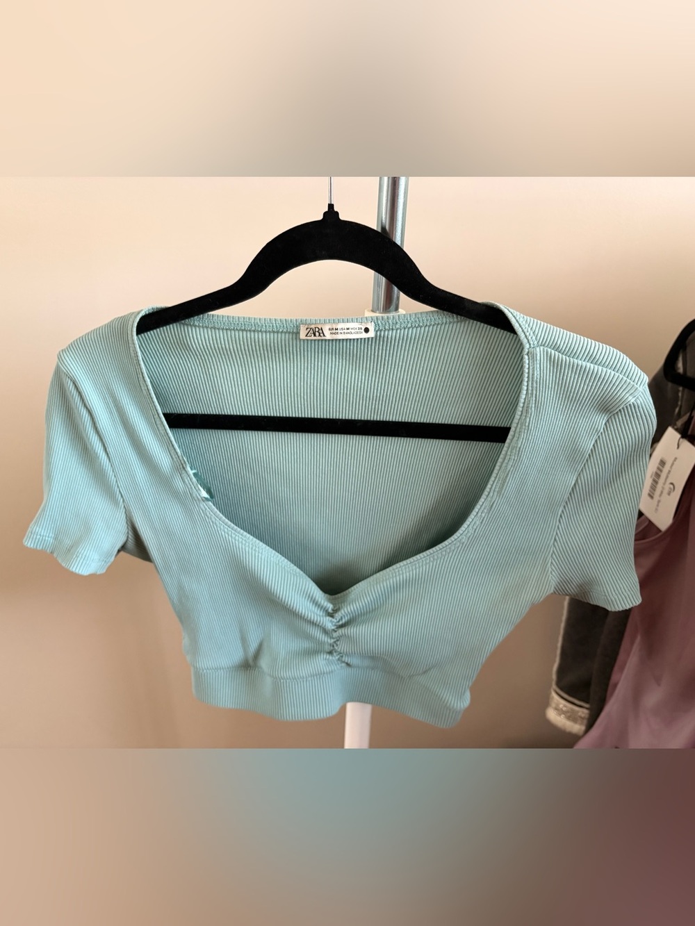 Zara Ribbed Ruched Light Aqua Crop Top